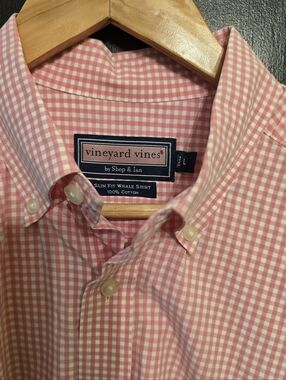 Vineyard Vines Pink Slim Fit Whale Pink & White Gingham Button-Down Shirt Size L